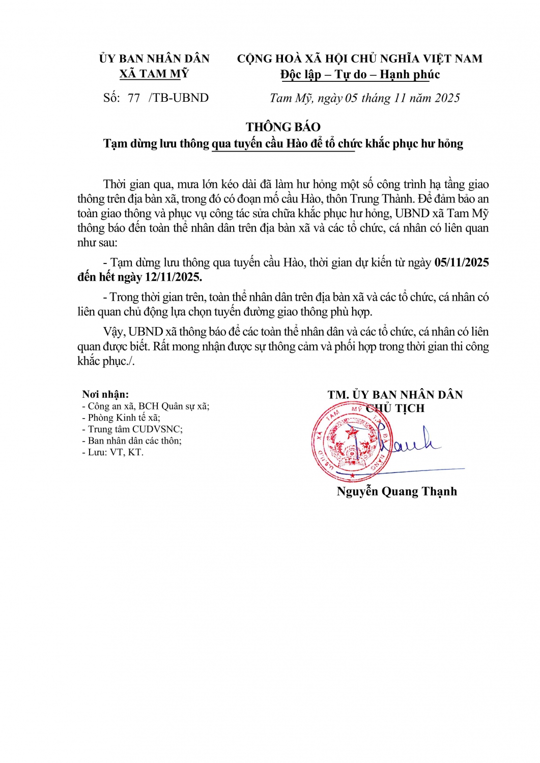 77 TB UBND 05 11 2025 Tạm dừng lưu thông qua tuyến cầu Hào để tổ chức khắc phục hư hỏng